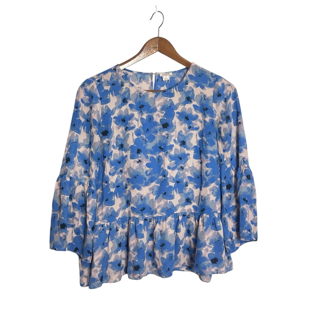 J. Crew Blue White Floral Watercolor Peplum Top Blouse - Picture 3 of 8